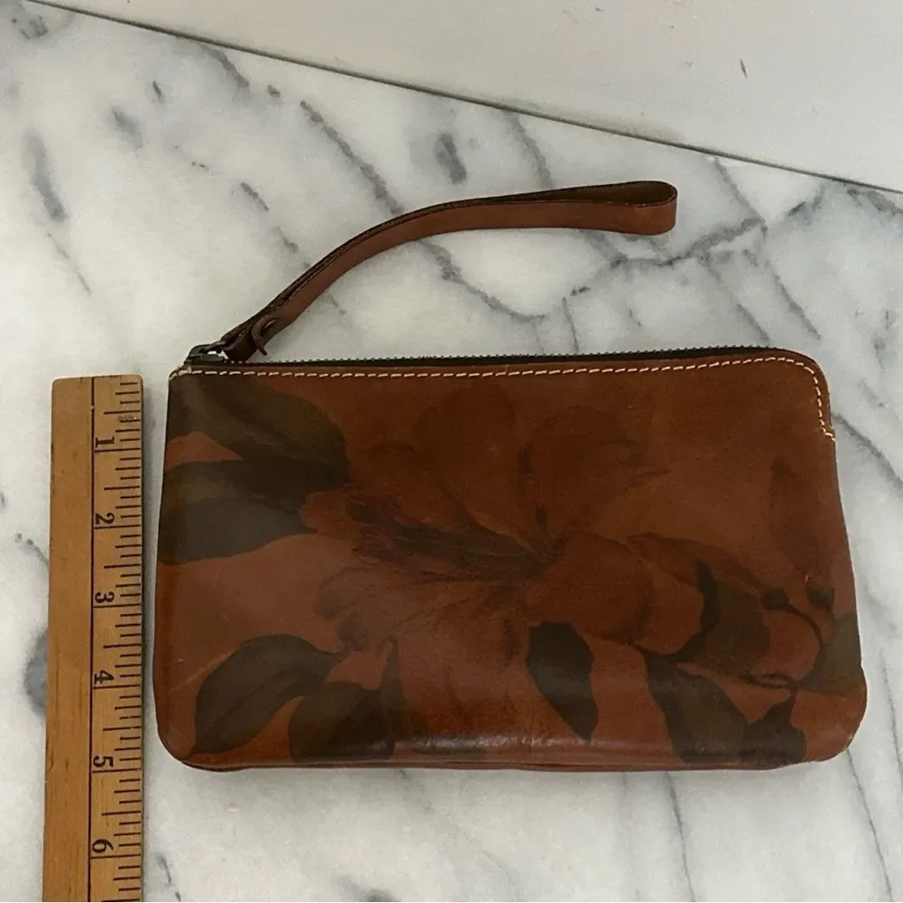 Patricia Nash Brown Leather Wristlet with Floral Design